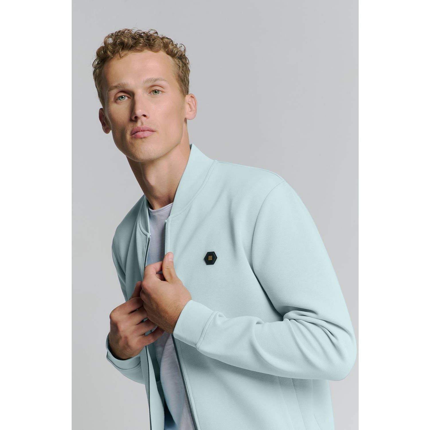 No Excess Pique Bomber Full Zip Sweater Blue Heren