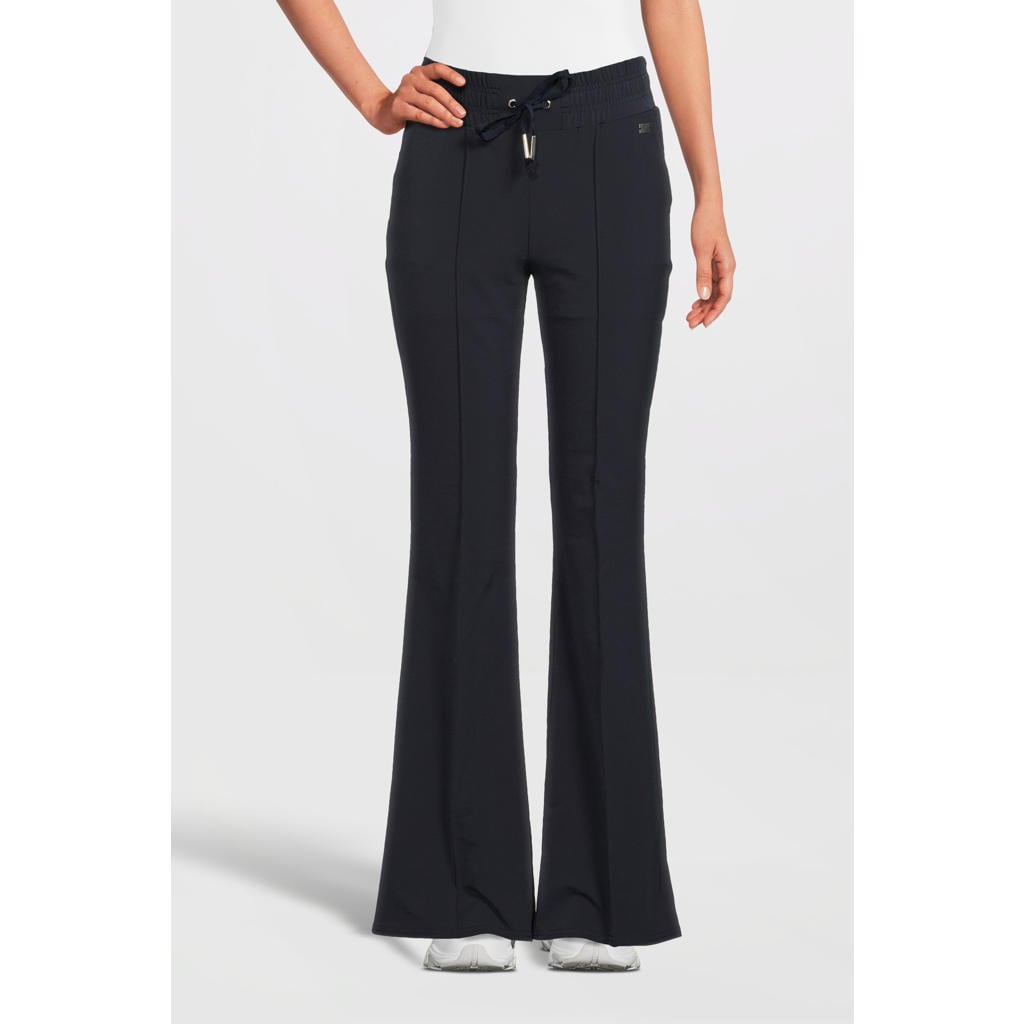 Marineblauw dames TQ-Amsterdam high waist flared broek Tamara blauw van polyamide met effen