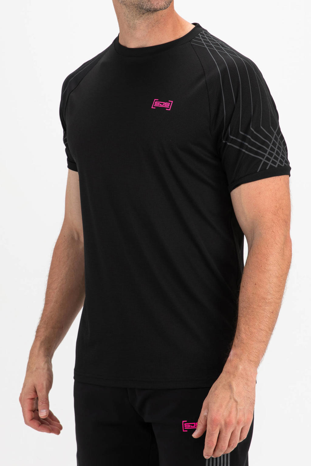 Zwarte heren Sjeng Sports sportshirt Sancho van polyester met effen, korte mouwen en ronde hals