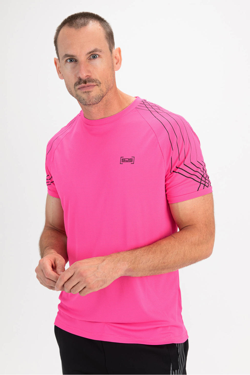 Roze heren Sjeng Sports sportshirt Sancho van polyester met effen, korte mouwen en ronde hals