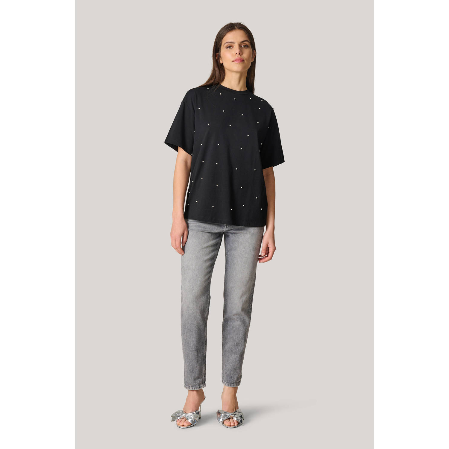 Shoeby T-shirt met stippen en strass steentjes zwart