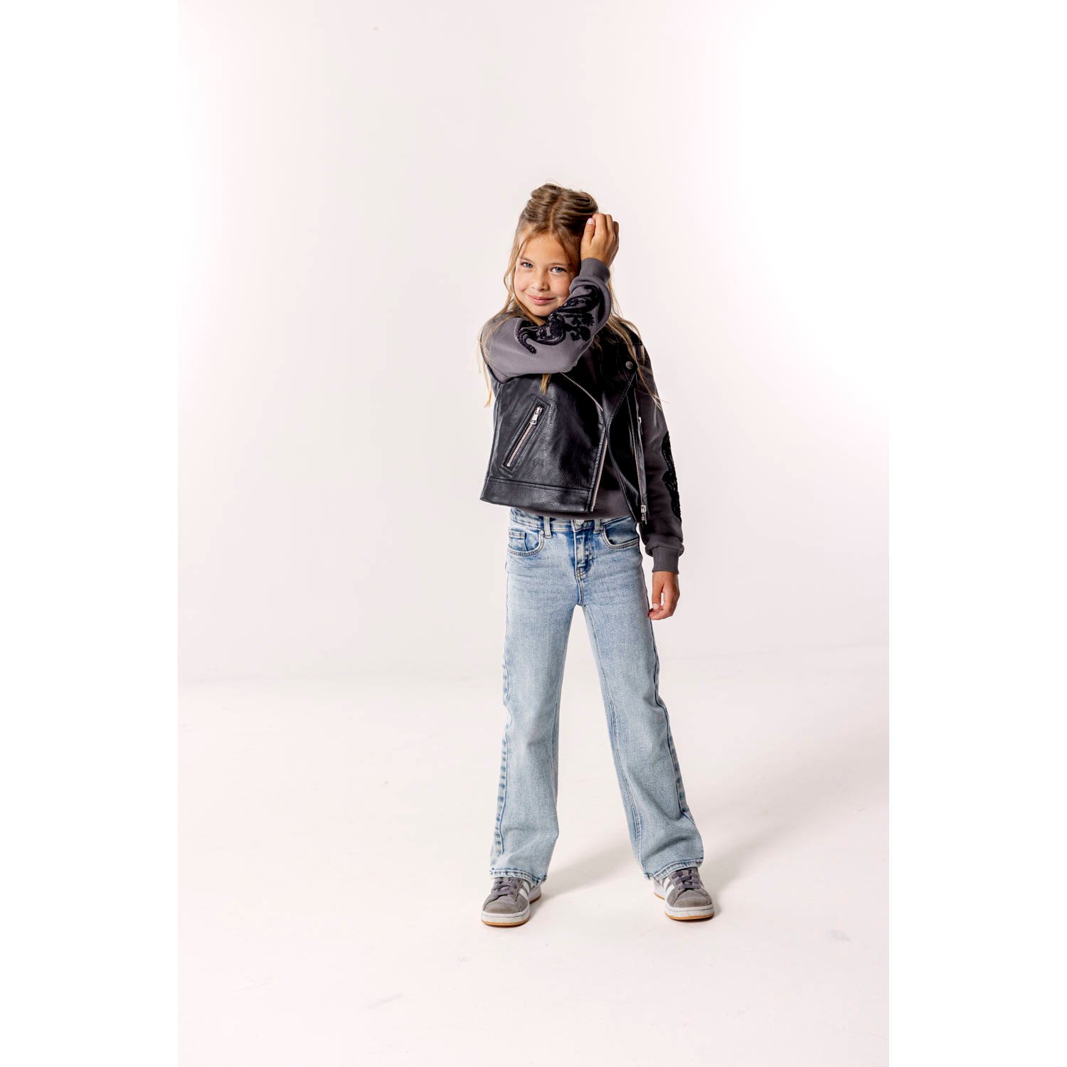 ONLY KIDS GIRL gebloemde sweater KOGEASTON LIFE donkergrijs