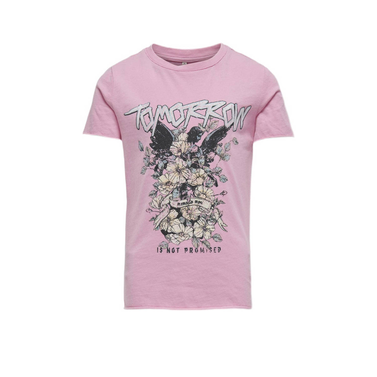 Only KIDS GIRL T-shirt met printopdruk lichtroze multicolor Meisjes Katoen Ronde hals 122 128