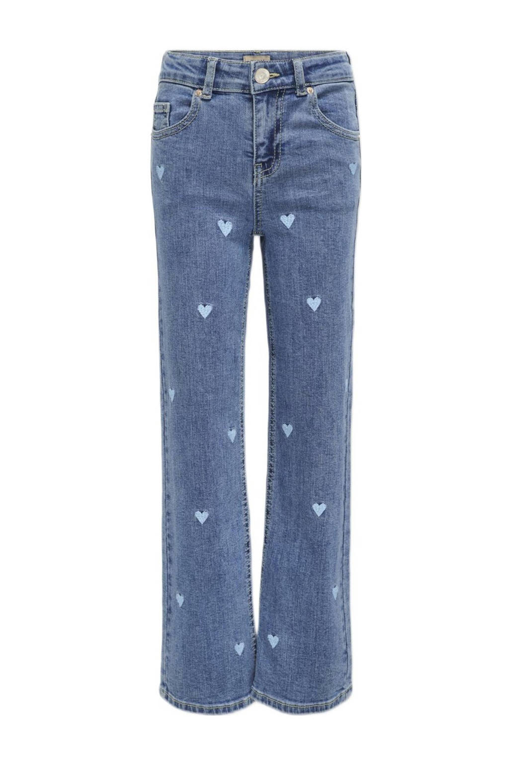 Medium blue denim meisjes KIDS ONLY GIRL wide leg jeans print Medium blue van stretchkatoen met hartjesprint
