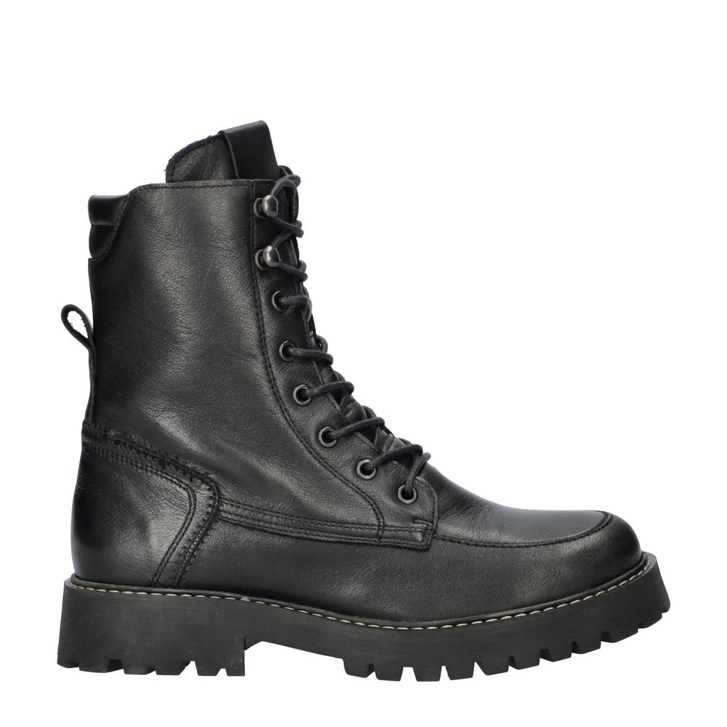 Zwarte dames Nelson gevoerde leren veterboots met rits- en vetersluiting