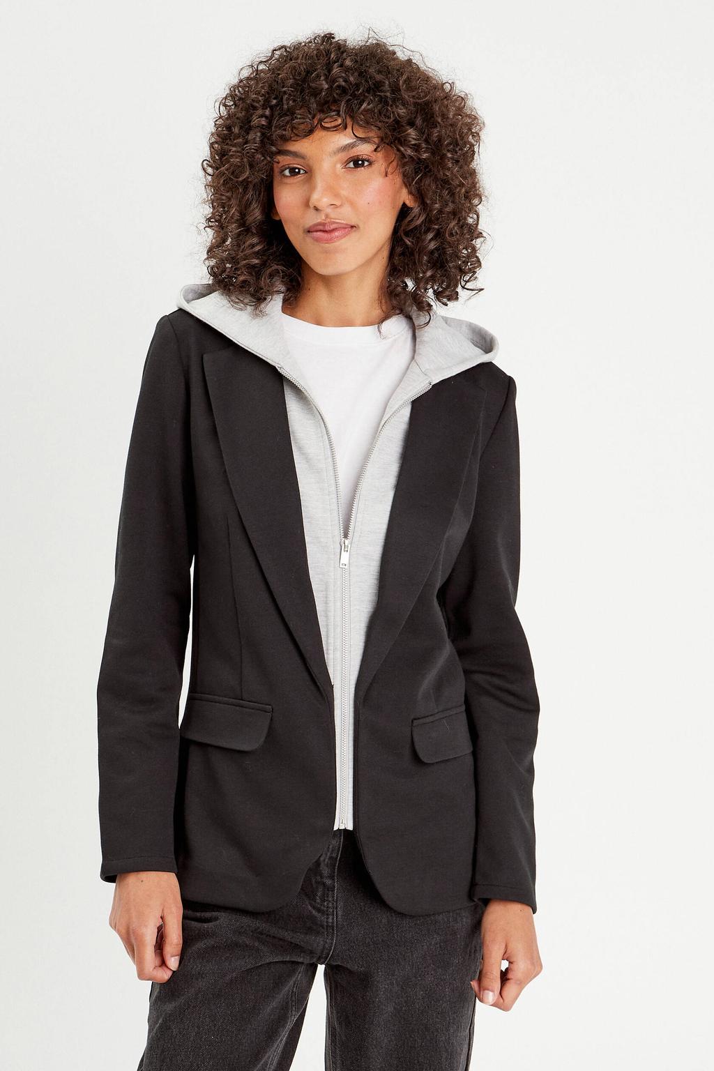 Zwarte dames Cache Cache rechtvallende blazer van polyester met effen, lange mouwen, button down sluiting en ritssluiting