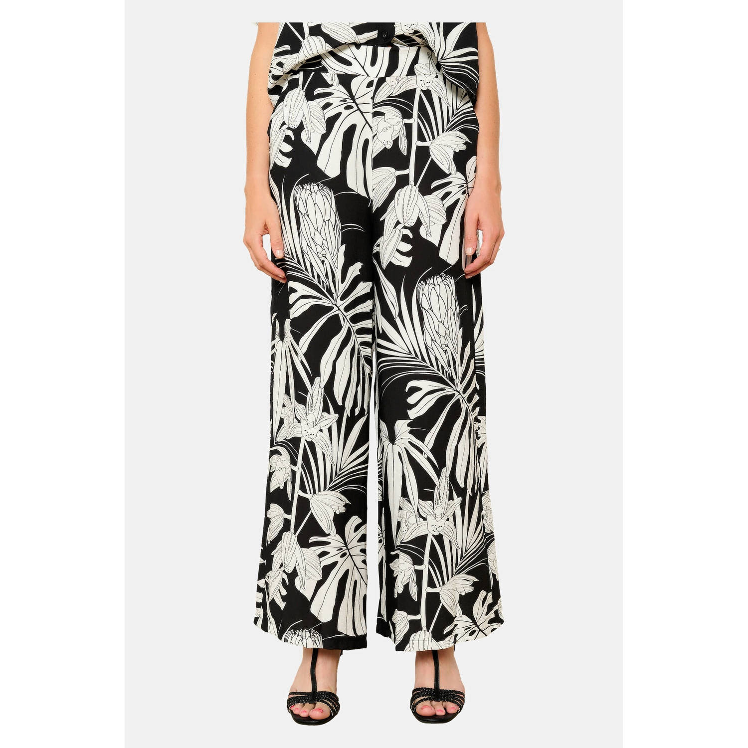 LOLALIZA cropped high waist wide leg broek met bladprint zwart ecru