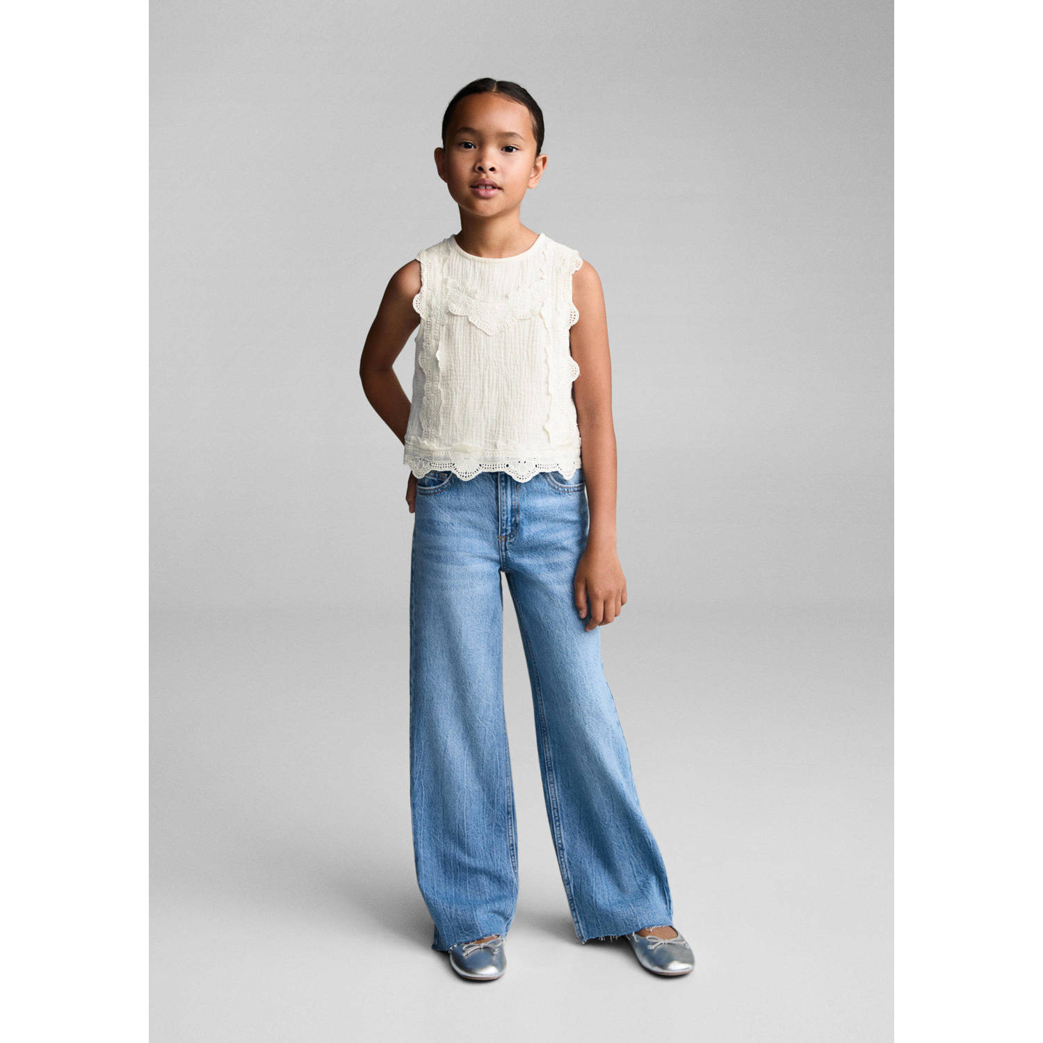 Mango Kids top lichtbeige Meisjes Katoen Ronde hals Effen 164