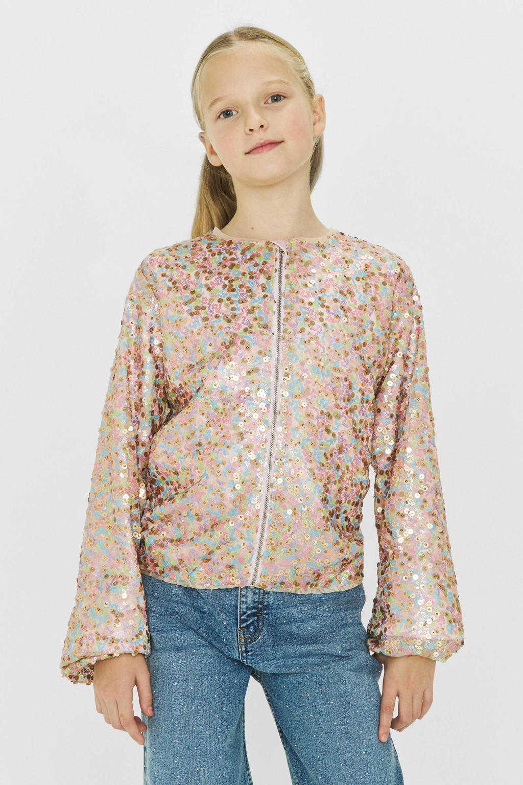 Lichtroze meisjes Coolcat pailletten bomberjasje Jayla van polyester met effen, lange mouwen, ronde hals, ritssluiting en glitters