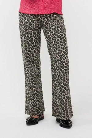 high waist wide leg broek Ingrid met panterprint beige/ zwart