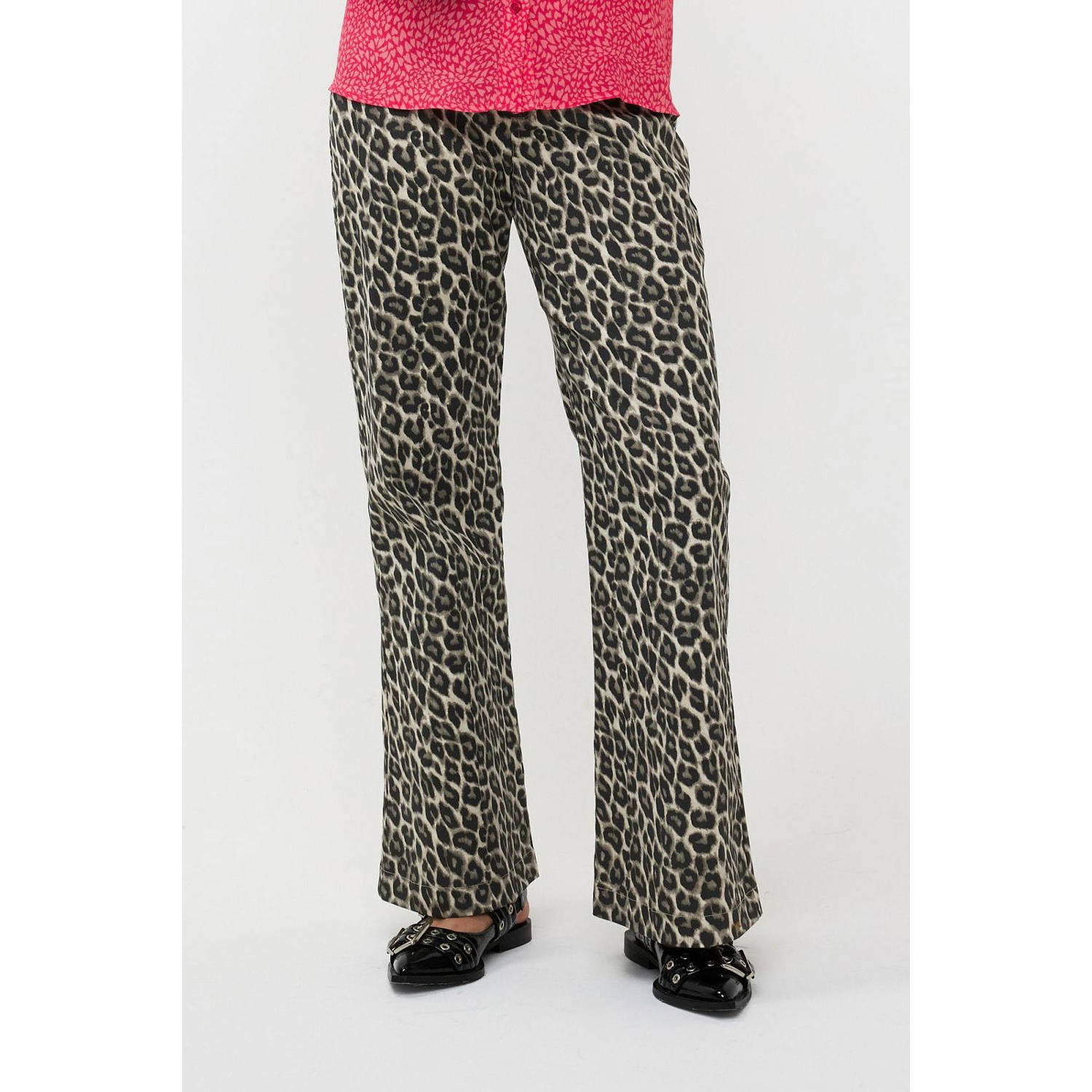 Ydence high waist wide leg broek Ingrid met panterprint beige zwart