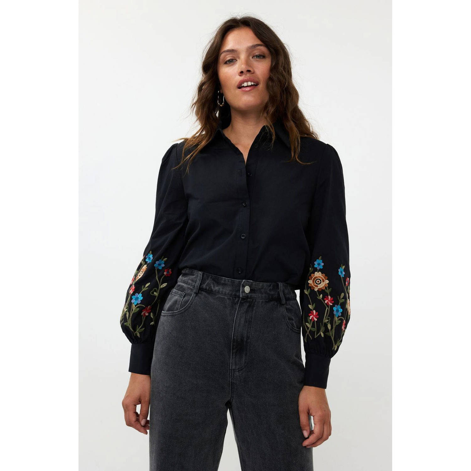 Ydence Bloemenblouse met lange mouwen Black Dames