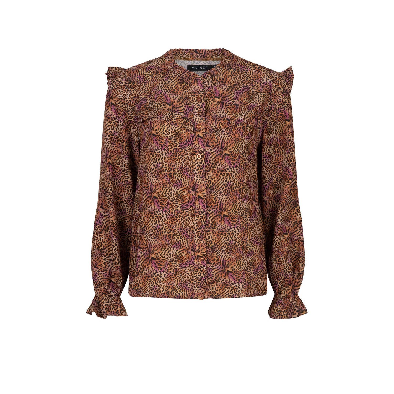 Ydence blouse Lady met panterprint en ruches bruin paars