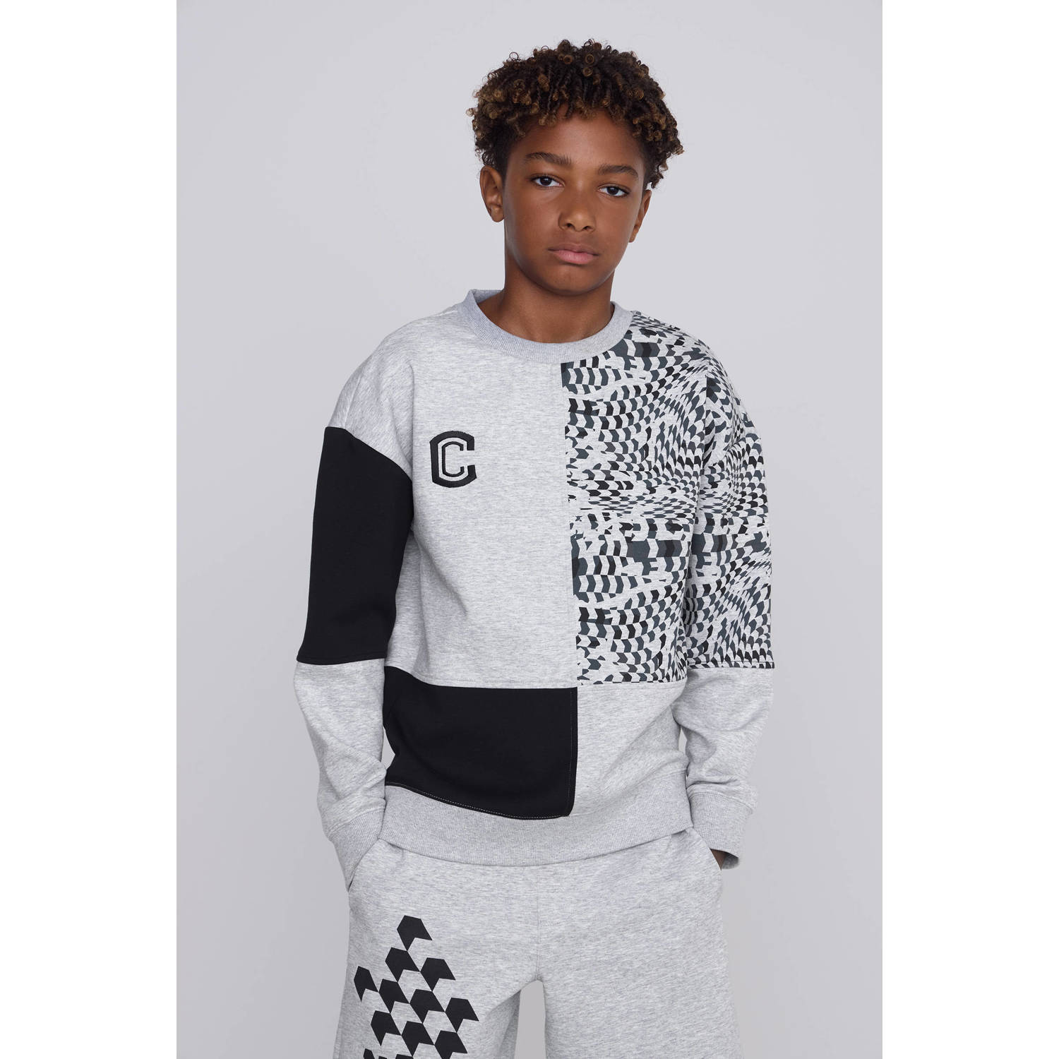Coolcat sweater Nathan met allover print grijs melange