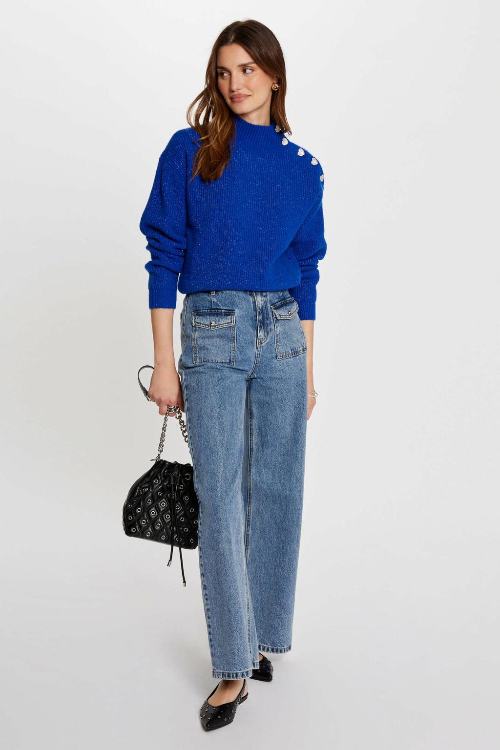 Blauwe dames Morgan gebreide trui van polyester met effen, lange mouwen, opstaande kraag en lurex
