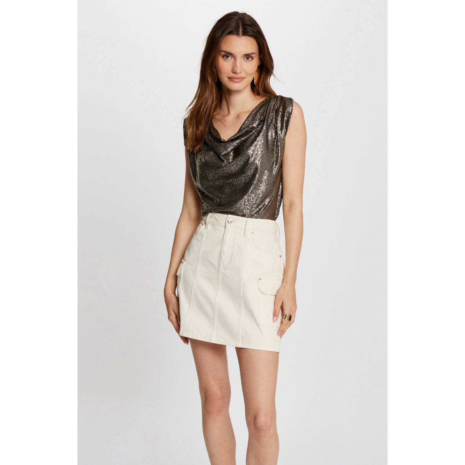 Morgan top met all over print en plooien zwart goud