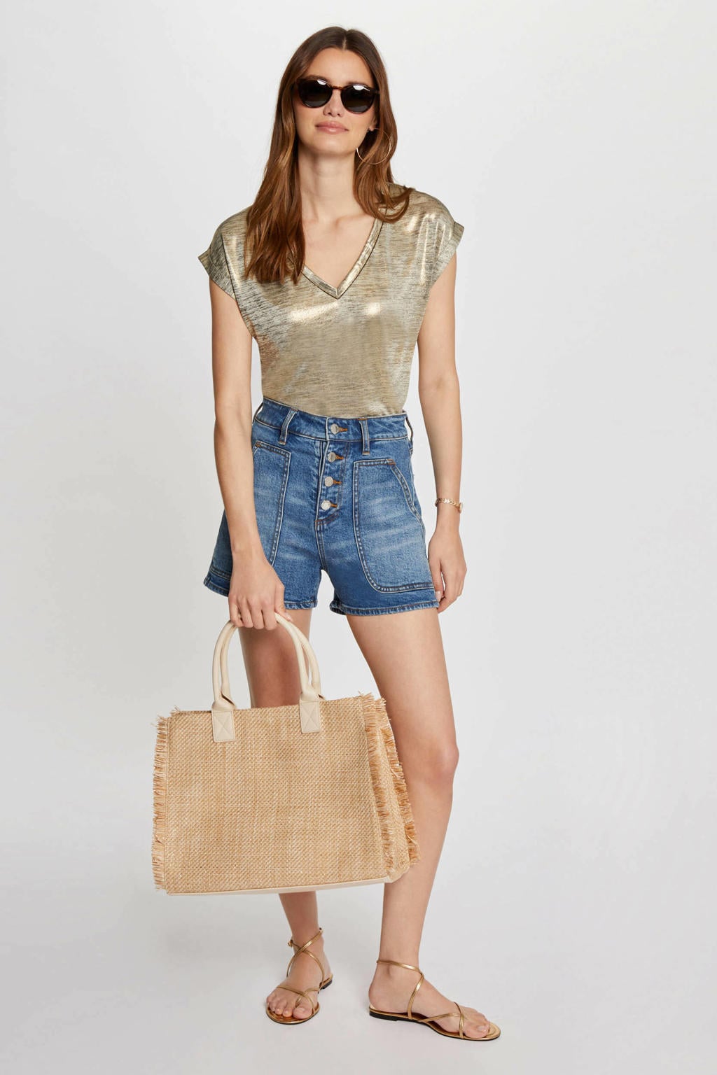 dames Morgan gemêleerde top van polyester met melée print, korte mouwen, V-hals en glimmend detail