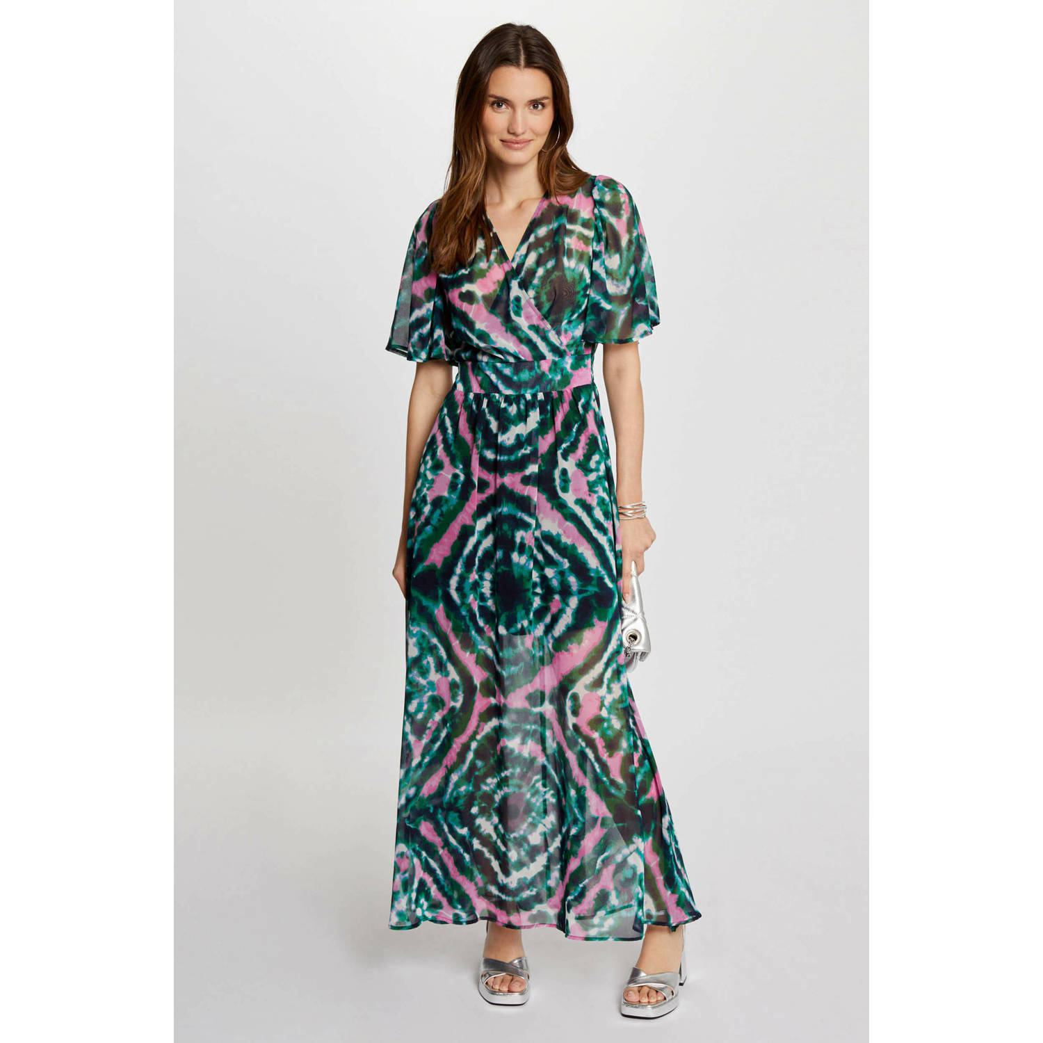 Morgan tie-dye maxi jurk met open rug groen roze