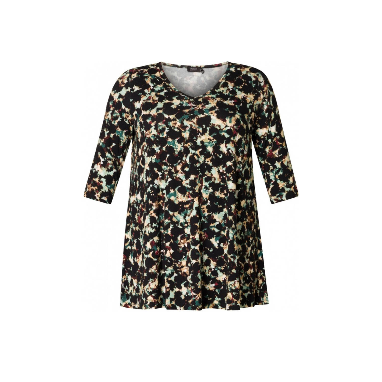 Yesta top met all over print zwart groen beige