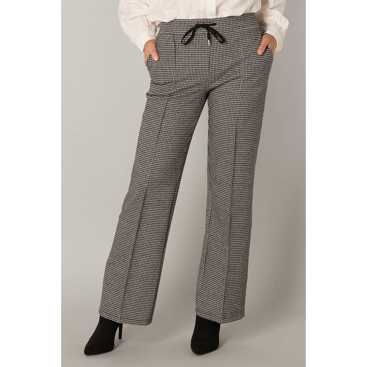 Yest wide leg broek met pied-de-poule zwart ecru
