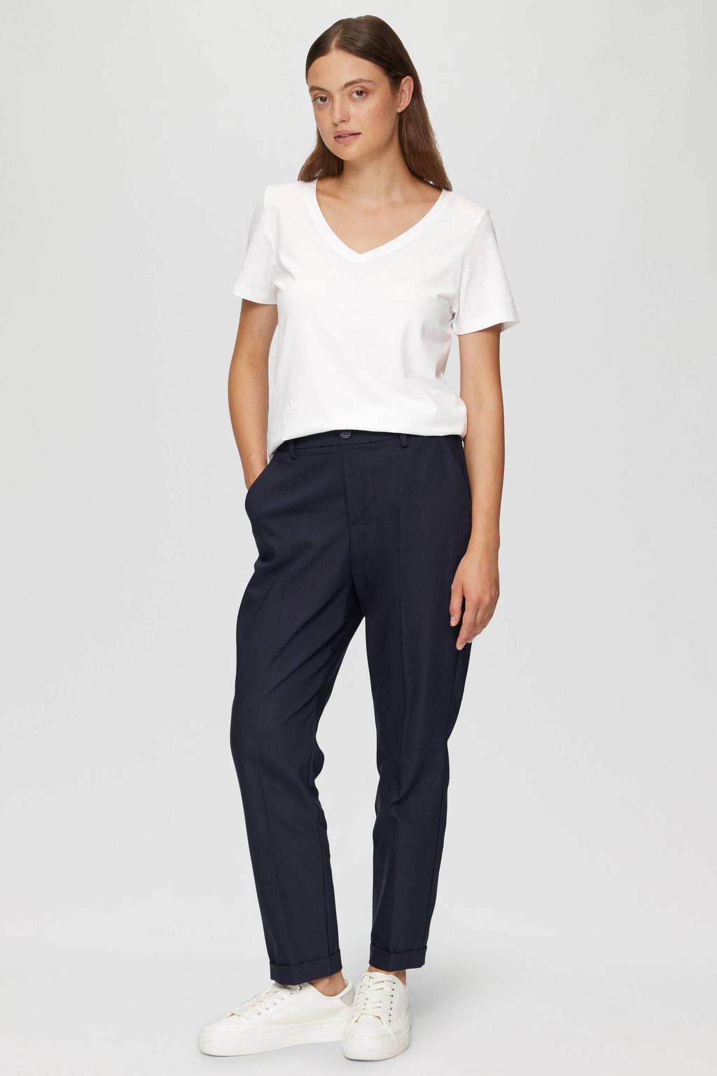 Witte dames s.Oliver T-shirt van stretchkatoen met effen, korte mouwen en V-hals