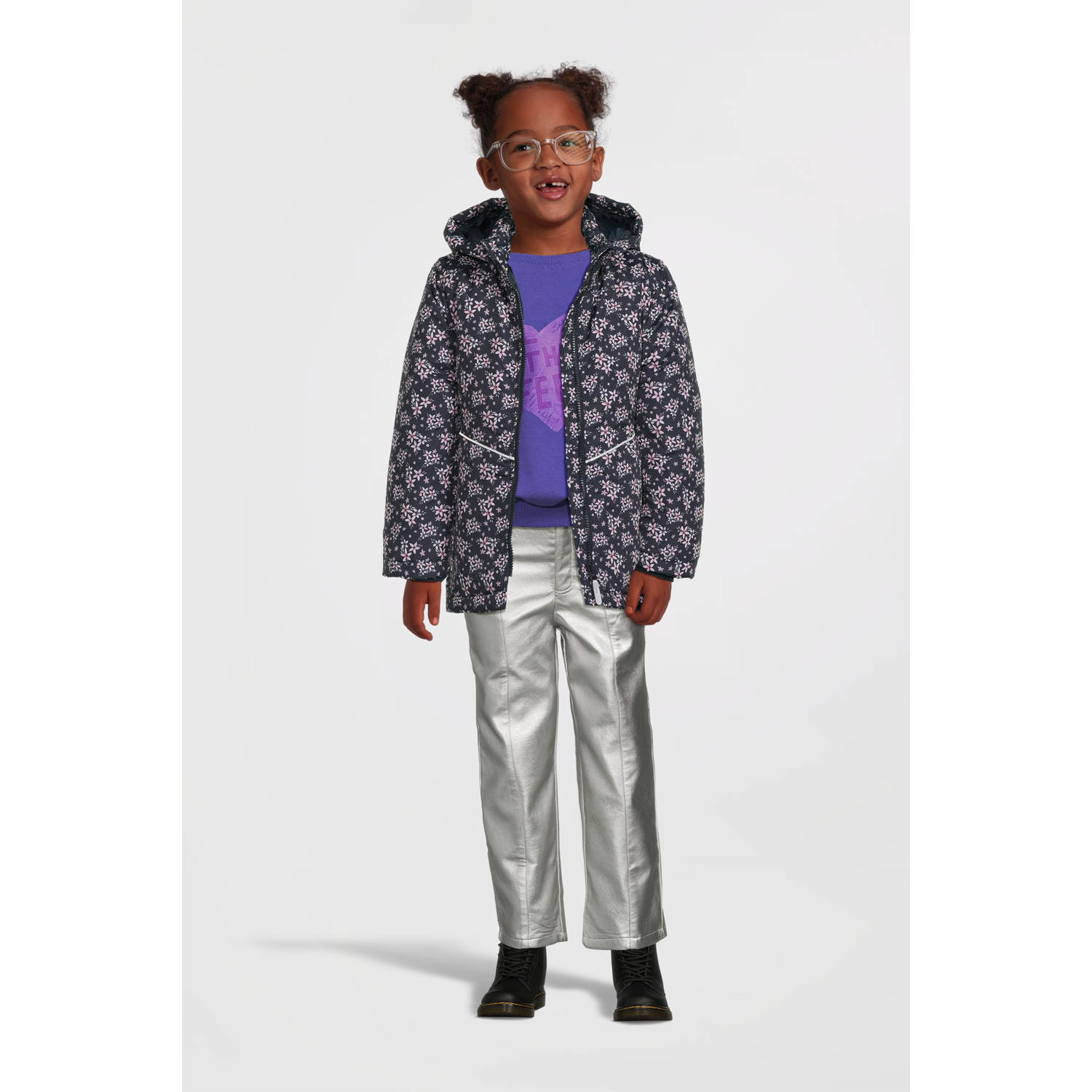 NAME IT KIDS winterjas NKFMAXI met all over print donkerblauw roze