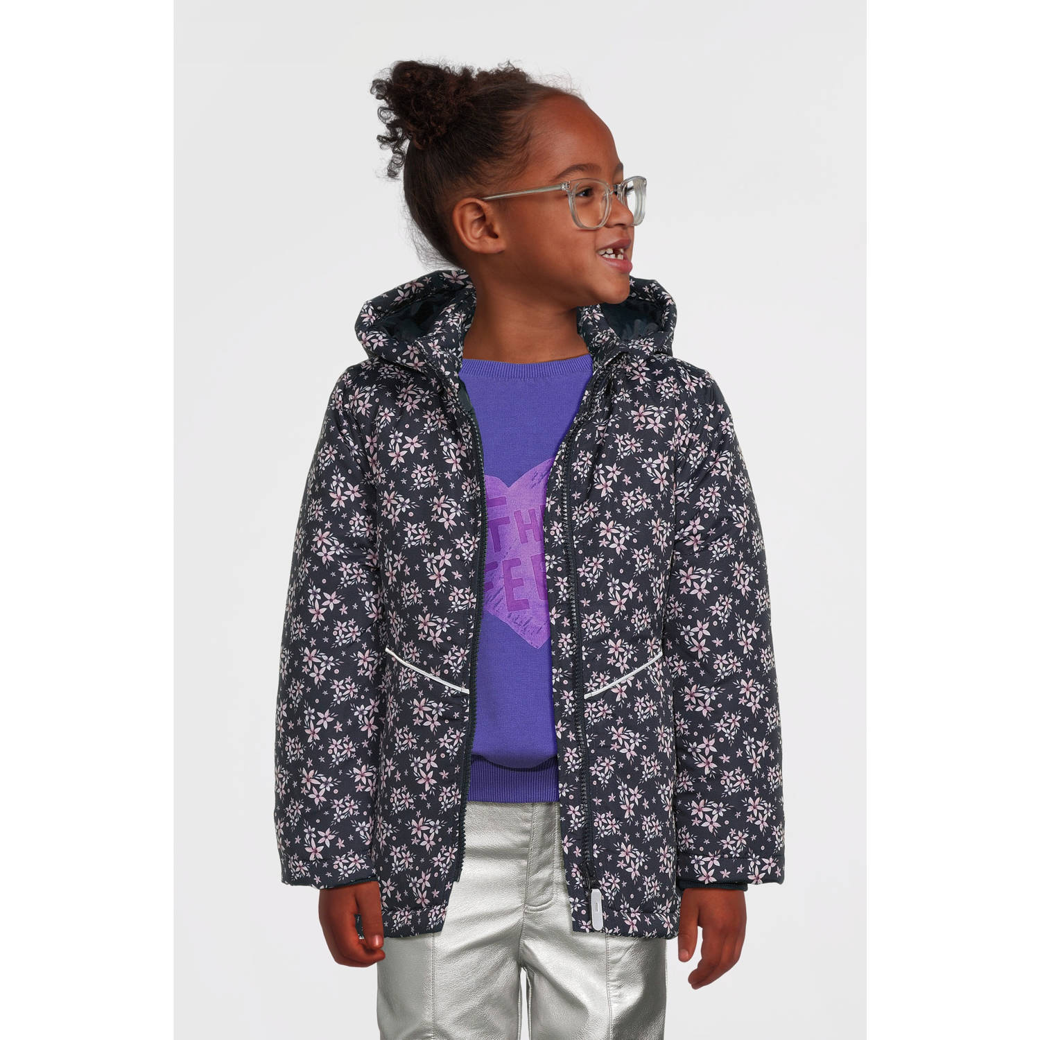 NAME IT KIDS winterjas NKFMAXI met all over print donkerblauw roze