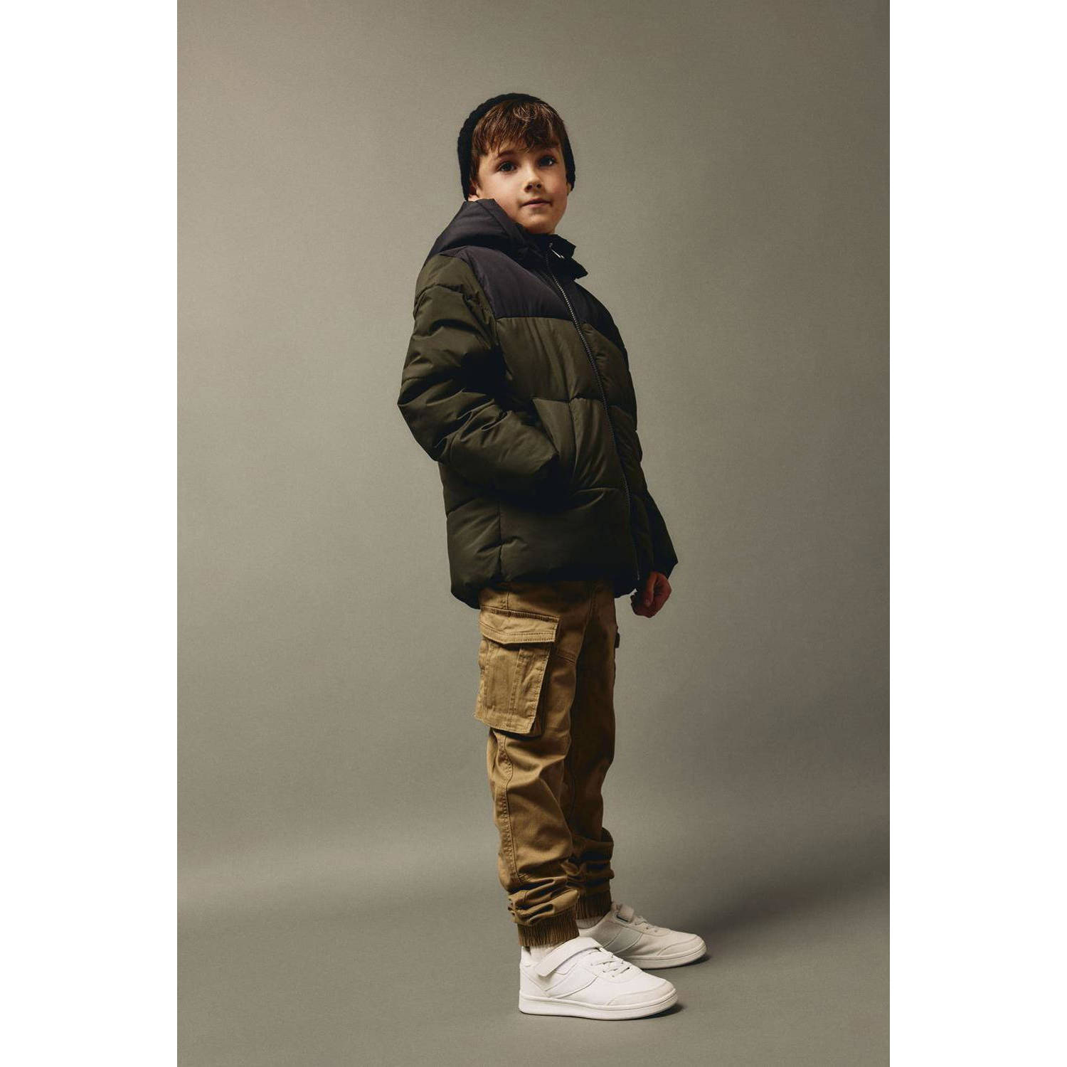 NAME IT KIDS gewatteerde winterjas NKMMORNING donkergroen zwart