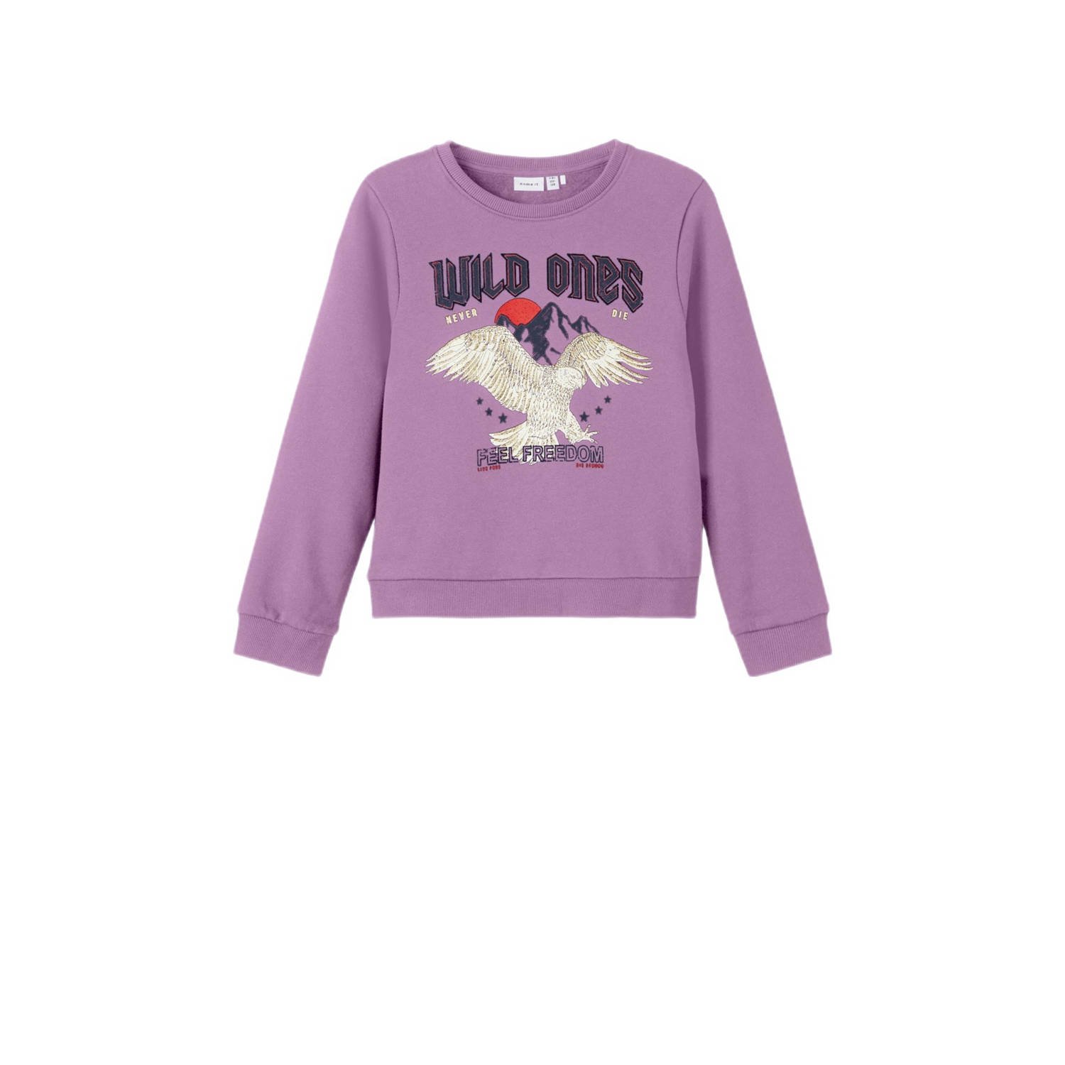 Name it KIDS sweater met printopdruk lichtpaars Printopdruk 134 140