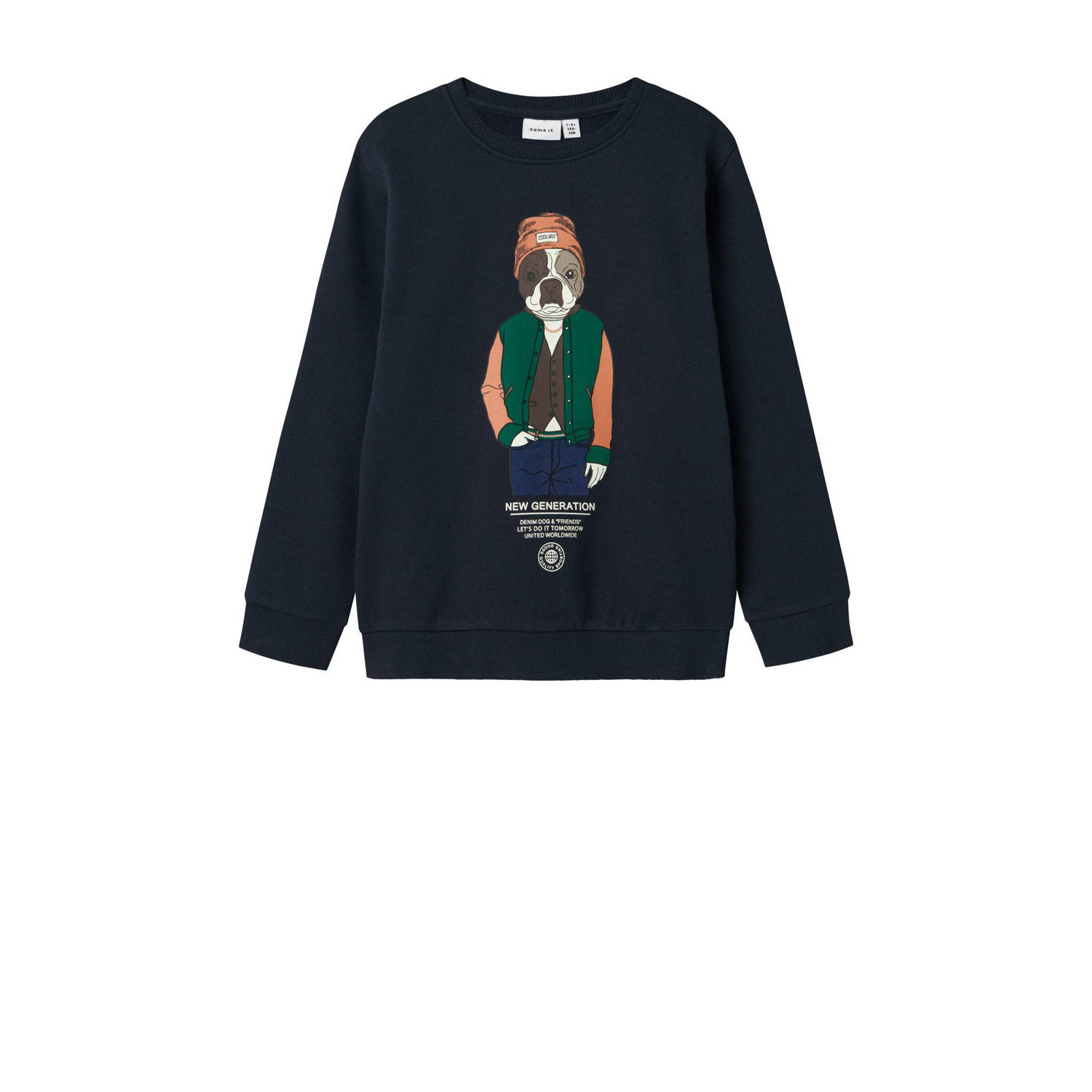Name it KIDS sweater met printopdruk donkerblauw Printopdruk 122 128