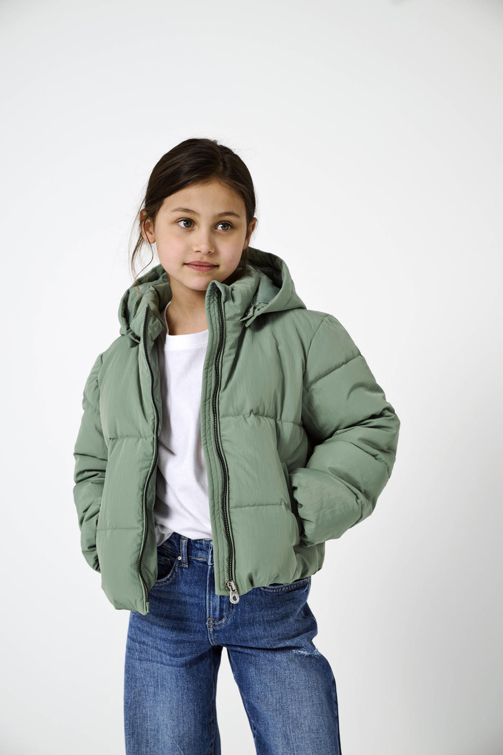 Groene meisjes KIDS ONLY GIRL gewatteerde winterjas van polyester met effen, lange mouwen, opstaande kraag en ritssluiting