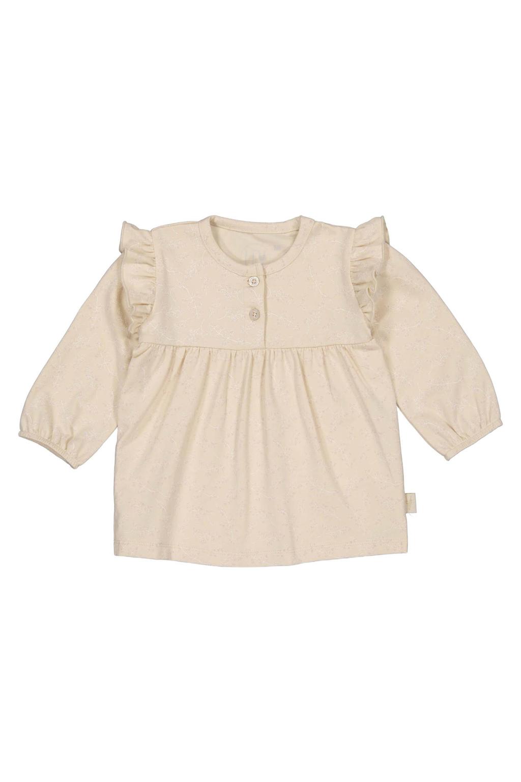 Beige en witte meisjes LEVV Newborn baby top met bloemenprint, lange mouwen, ronde hals en ruches