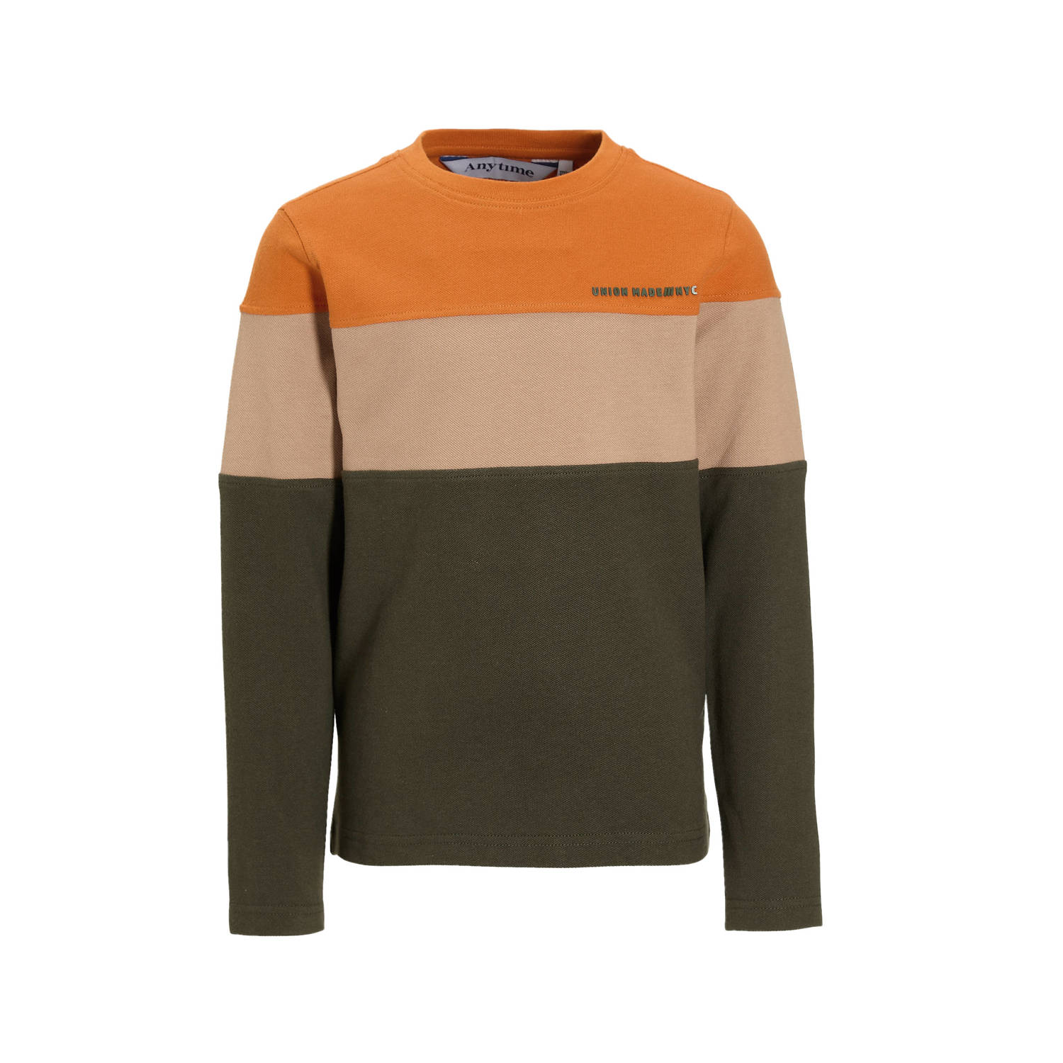 Anytime longsleeve colourblok donkergroen oranje beige