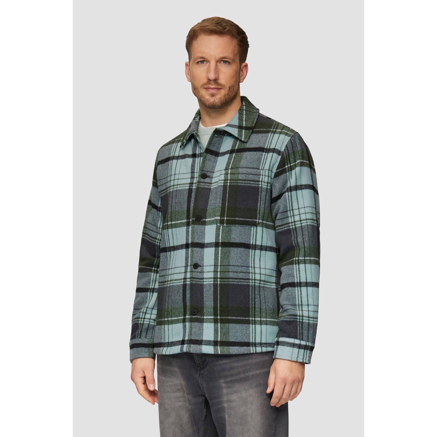 s.Oliver geruit regular fit overshirt met wol groen