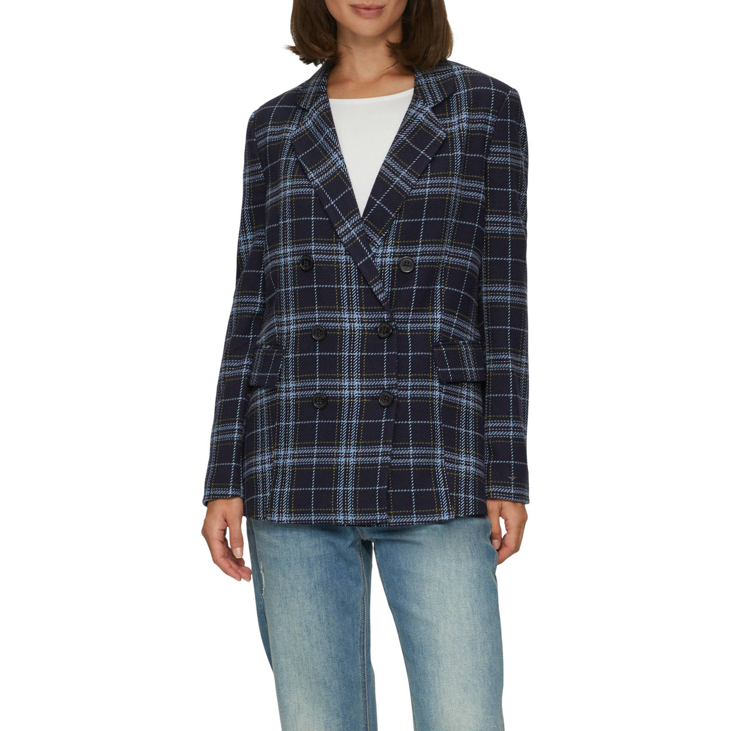 s.Oliver geruite rechtvallende blazer donkerblauw lichtblauw