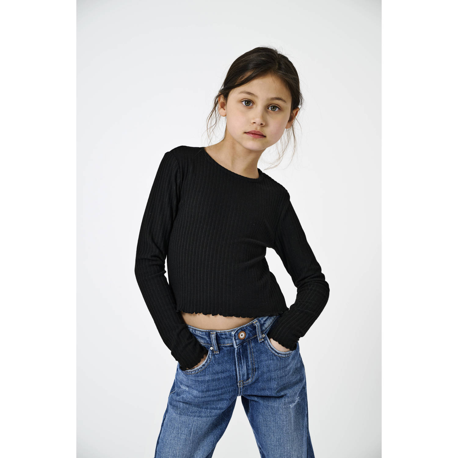 Only KIDS GIRL longsleeve zwart Meisjes Polyester Ronde hals Effen 122 128