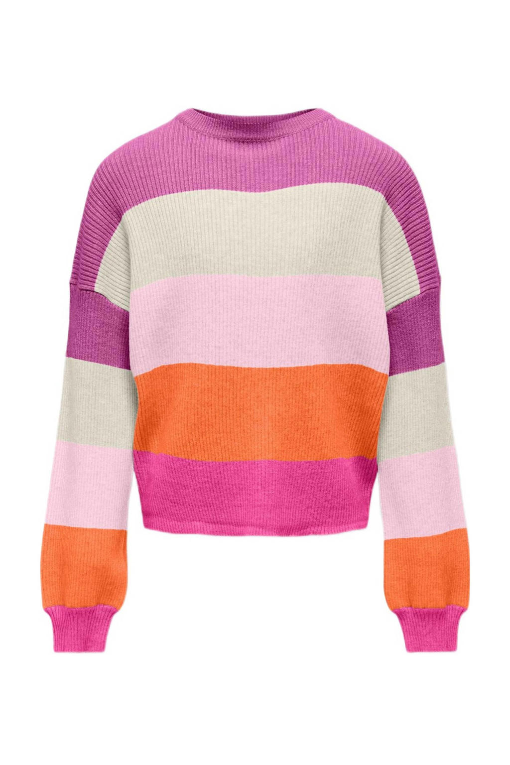 Roze, oranje en multikleurige meisjes KIDS ONLY GIRL gebreide trui multicolor van viscose met strepenprint, lange mouwen en ronde hals