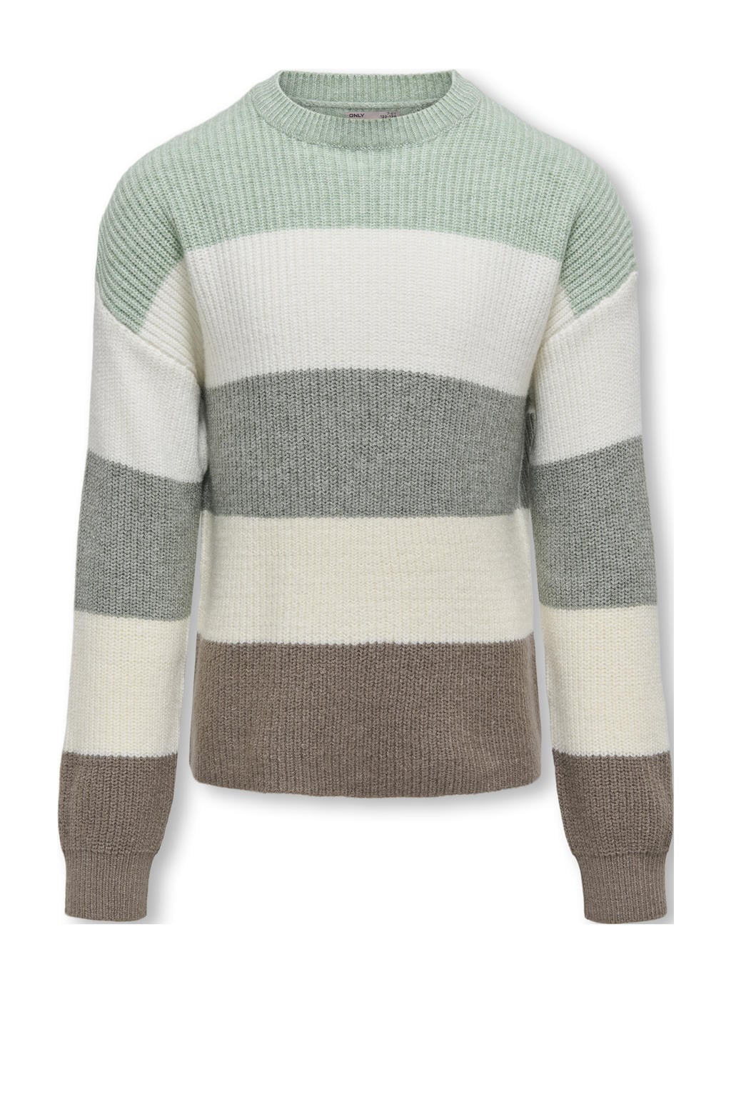 Groen, beige en bruine meisjes KIDS ONLY GIRL gebreide trui van viscose met strepenprint, lange mouwen en ronde hals