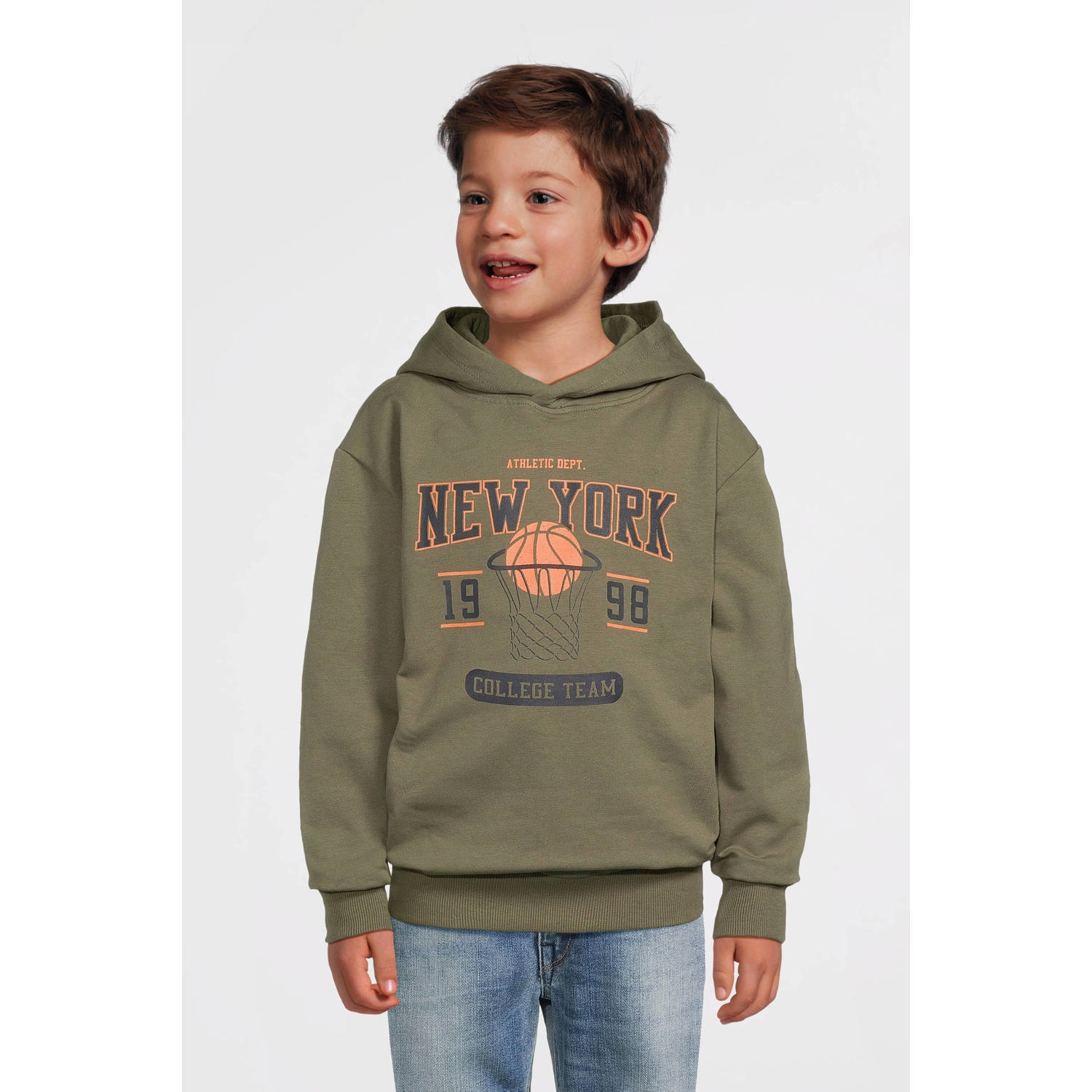 NAME IT KIDS hoodie NKMVUGO met printopdruk groenbruin