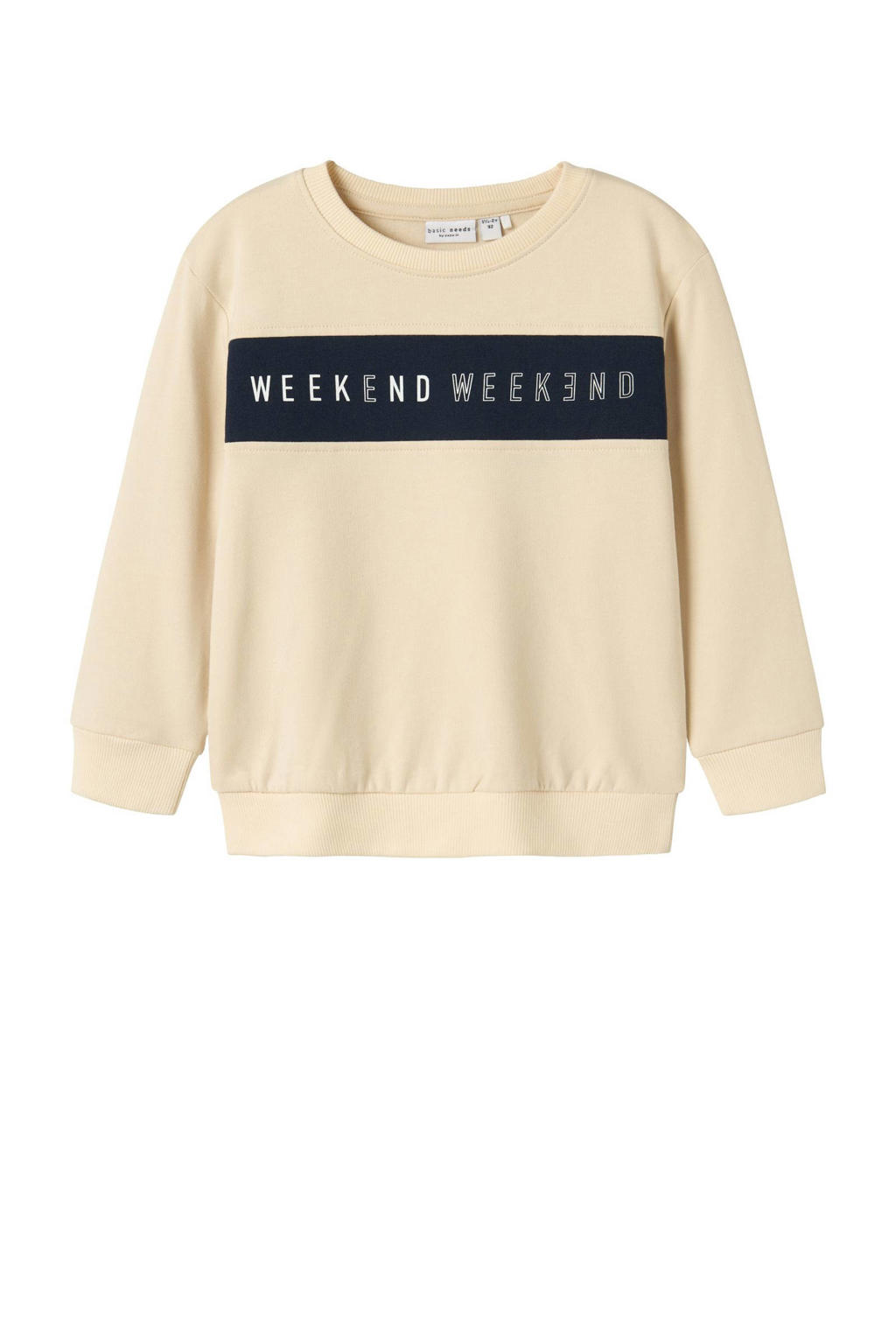 Zandkleurige jongens NAME IT MINI sweater met printopdruk, lange mouwen en ronde hals