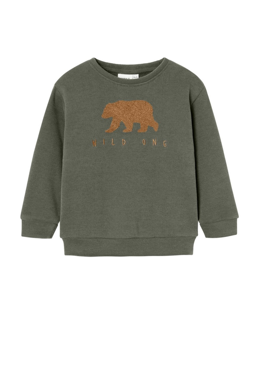 Groene jongens NAME IT MINI sweater met printopdruk, lange mouwen en ronde hals