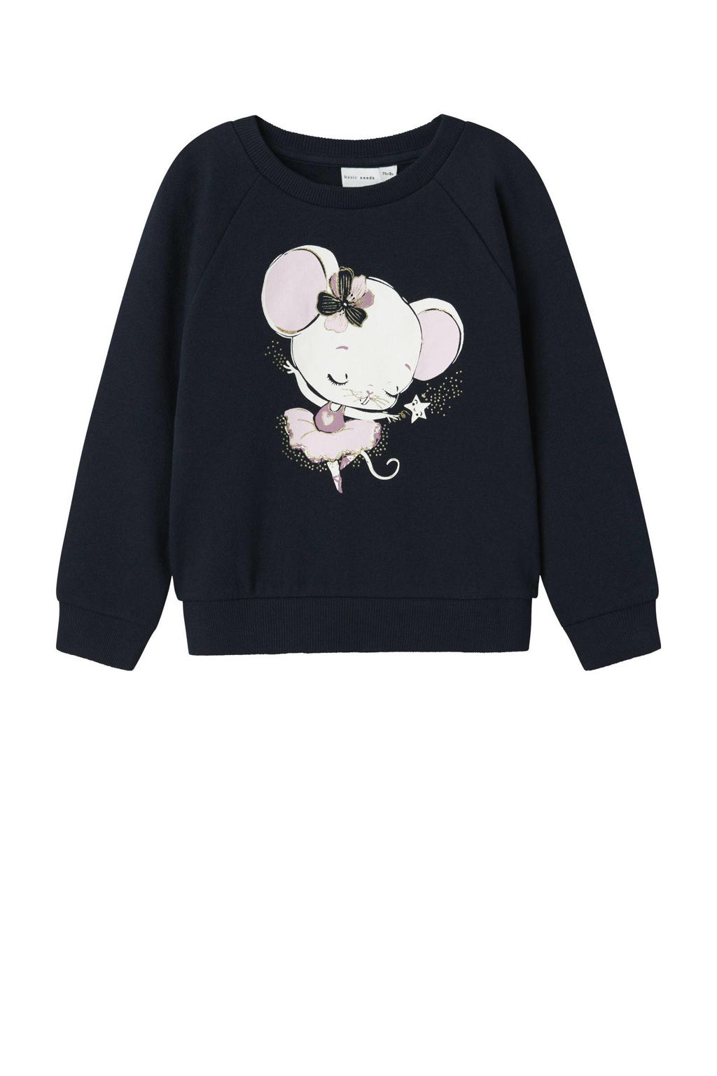 Donkerblauwe meisjes NAME IT MINI sweater met printopdruk, lange mouwen, ronde hals en geribde boorden