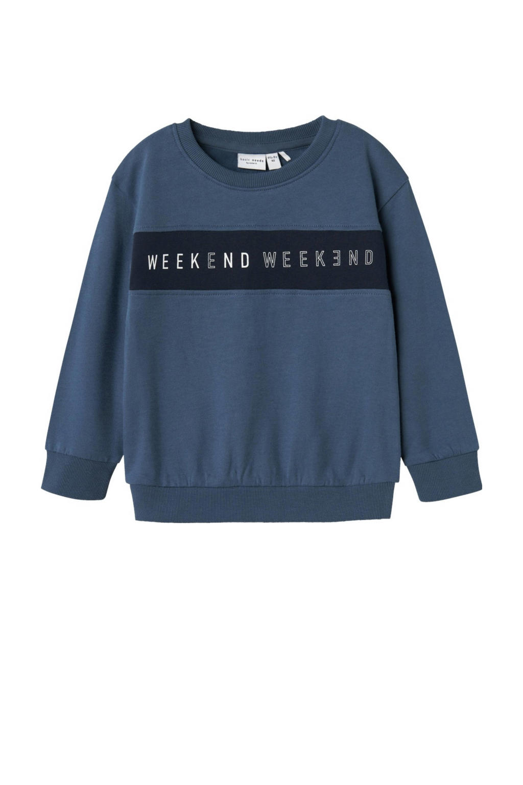 Blauwe jongens NAME IT MINI sweater met printopdruk, lange mouwen en ronde hals
