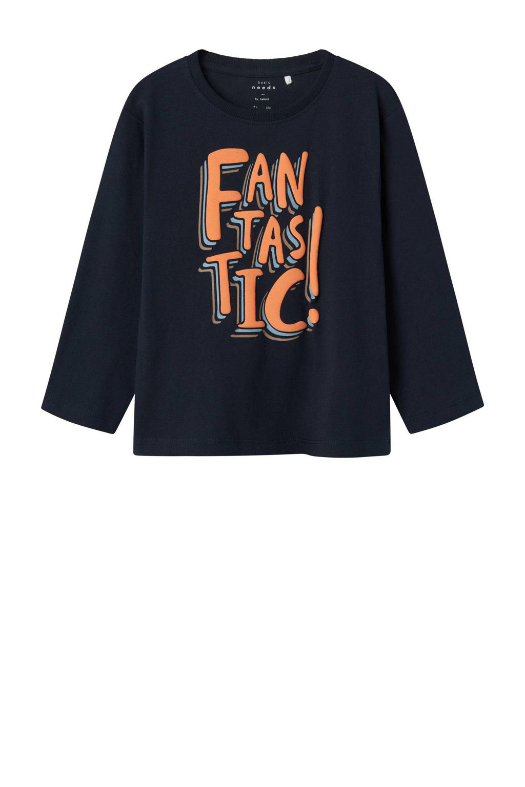 Donkerblauwe jongens NAME IT MINI longsleeve van katoen met printopdruk, lange mouwen en ronde hals