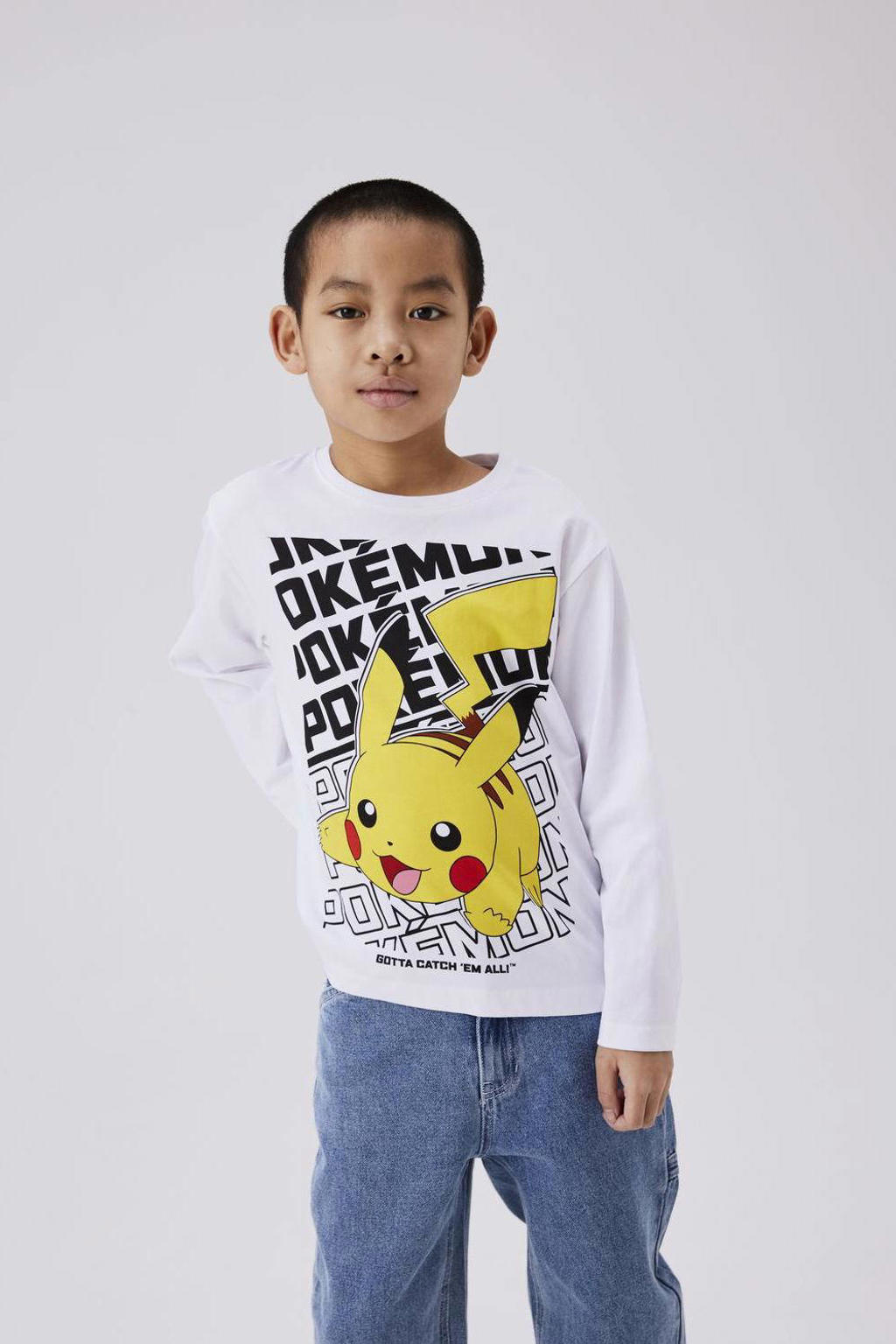 Witte jongens NAME IT KIDS Pokemon longsleeve van katoen met printopdruk, lange mouwen en ronde hals