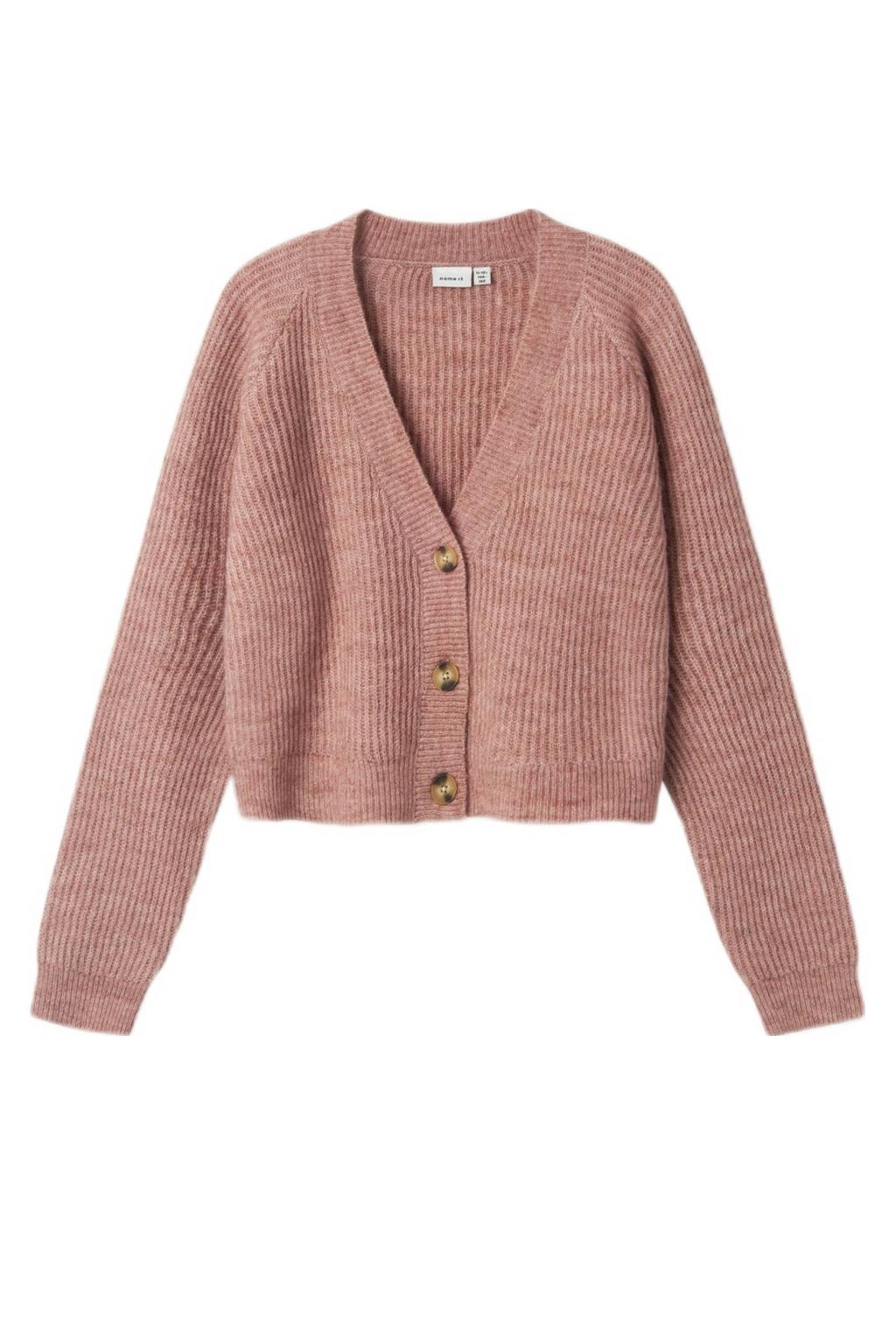 Roze meisjes NAME IT KIDS gemêleerd vest met effen, lange mouwen, V-hals, knoopsluiting en gebreide details