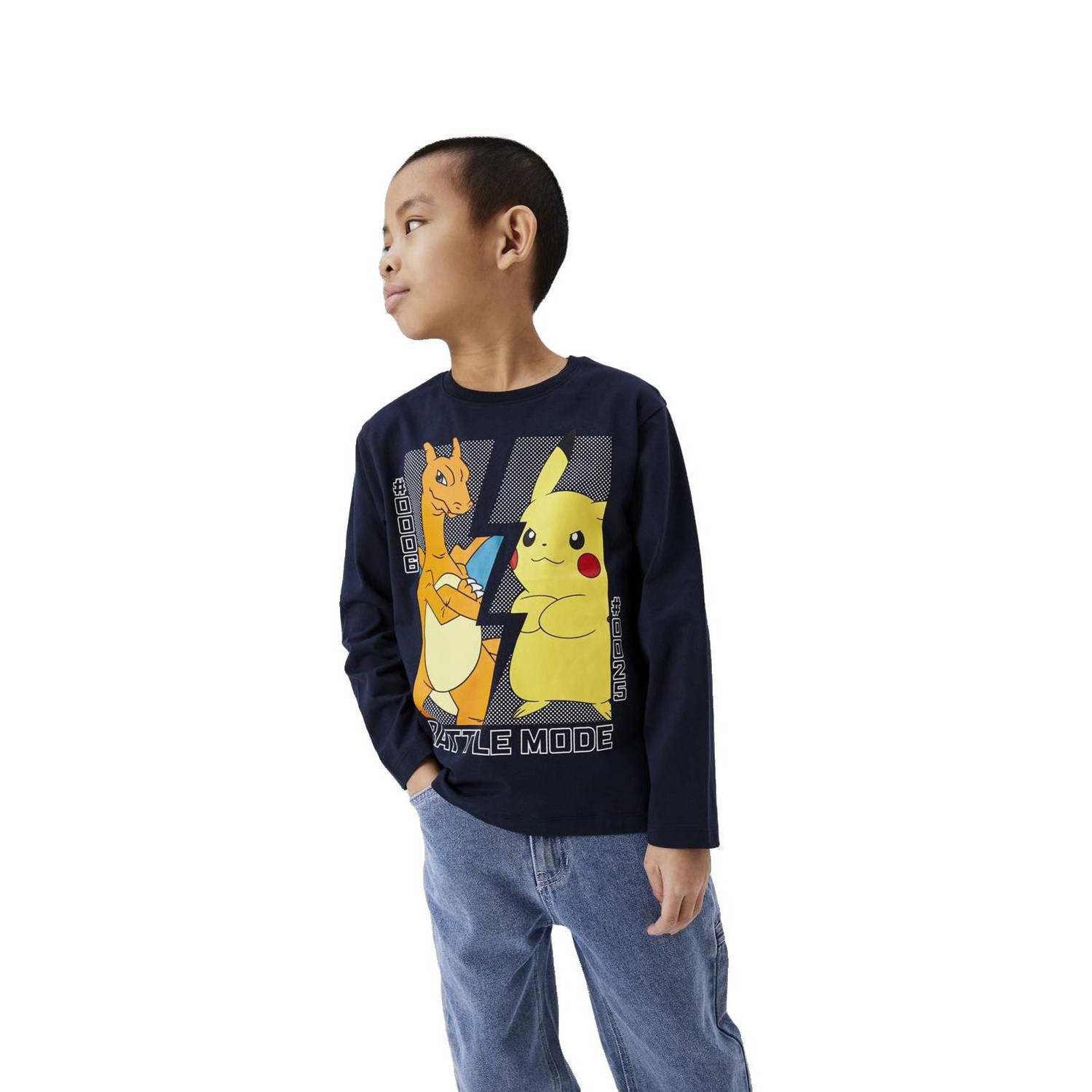 Name it KIDS Pokemon longsleeve met printopdruk donkerblauw Jongens Katoen Ronde hals 158 164