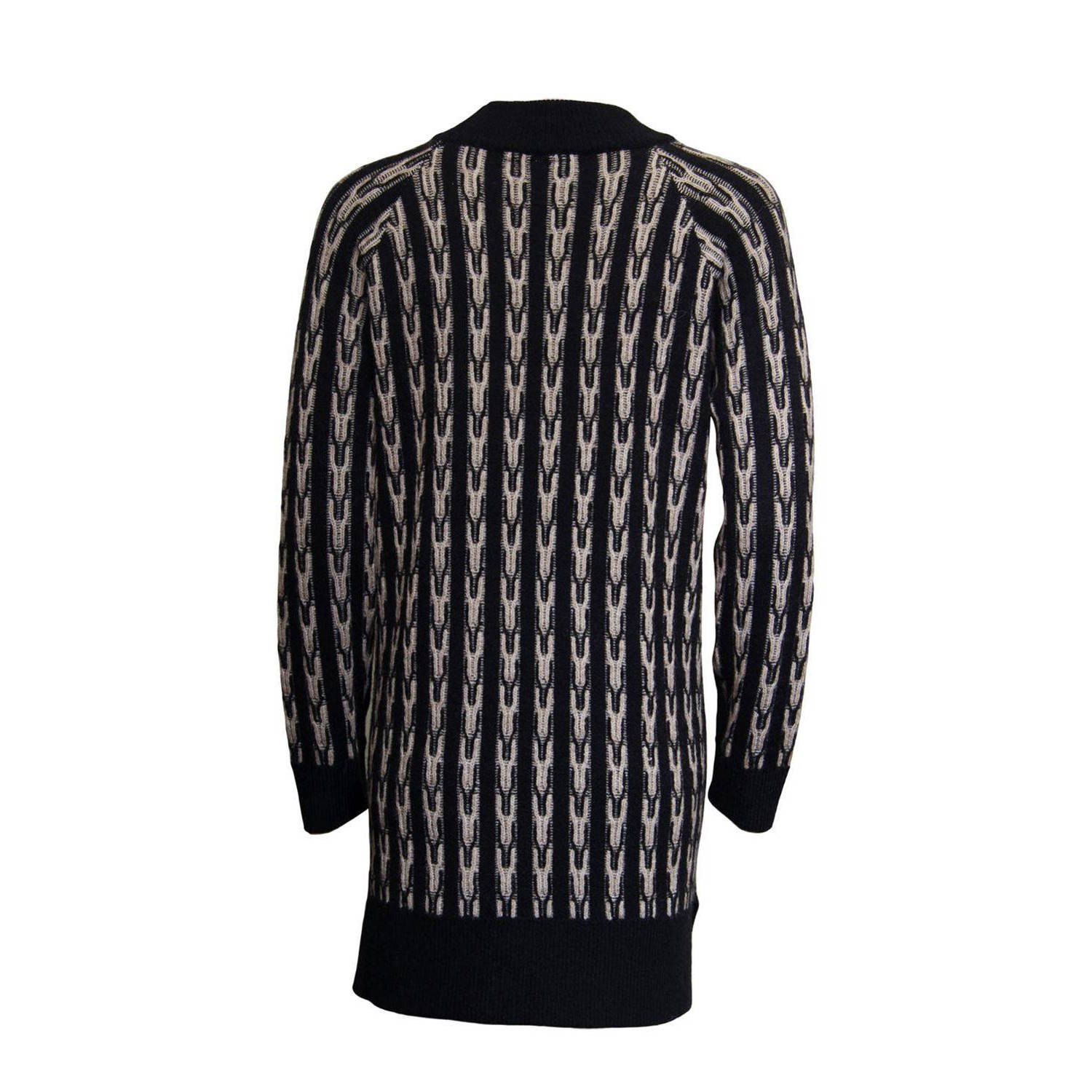 Poools gebreide jurk Pullover long met all over print zwart ecru