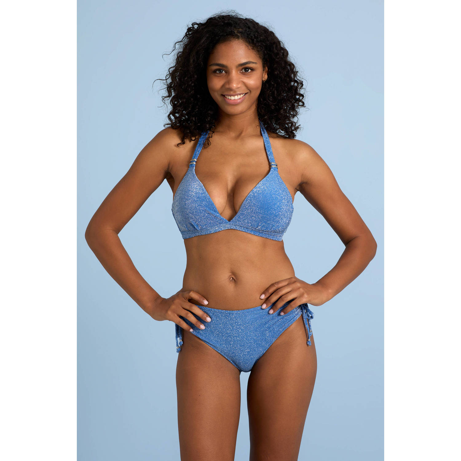 BEACHWAVE voorgevormde halter bikinitop met lurex blauw