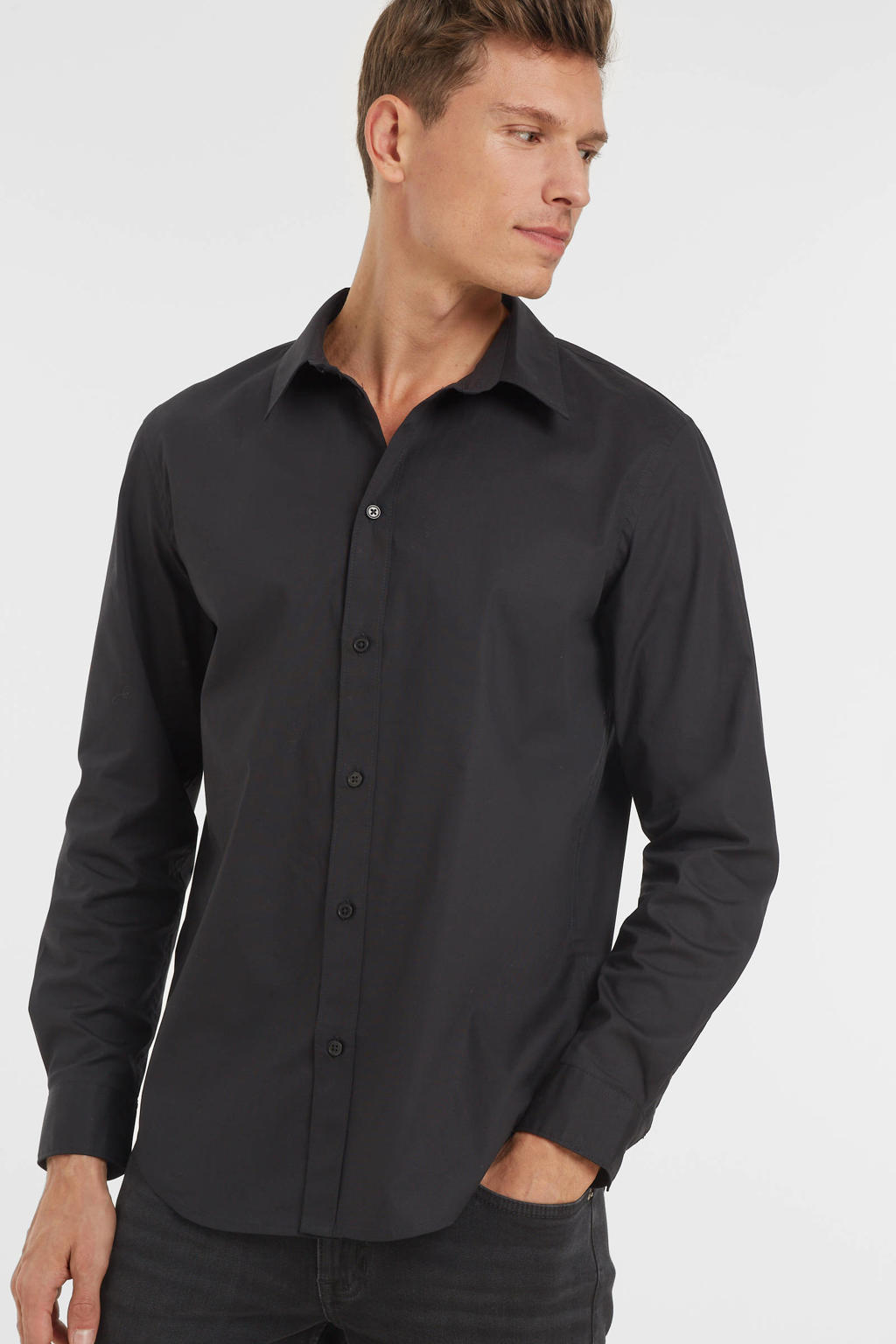 Zwarte heren Anytime regular fit poplin overhemd van katoen met effen, lange mouwen en klassieke kraag